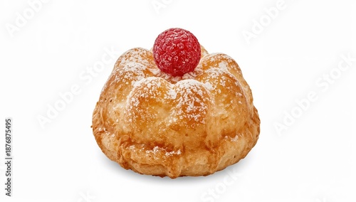 Decorated dutch poffertje fluffy mini pancake with powdered sugar and raspberry topping isolated on white