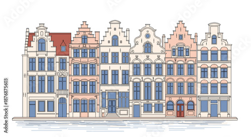 Charming row of colorful traditional european houses with gabled roofs and many windows in a flat line art style.