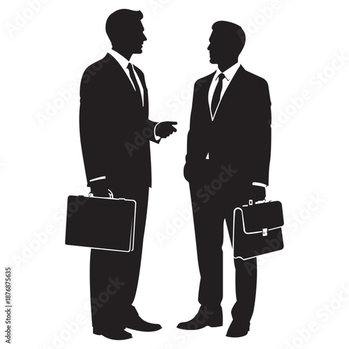 Two business men in suits with briefcases discuss important corporate deal negotiation partnership and communication
