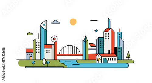 Colorful modern city skyline with stylized skyscrapers, a bridge, and a river in a clean geometric flat design style.