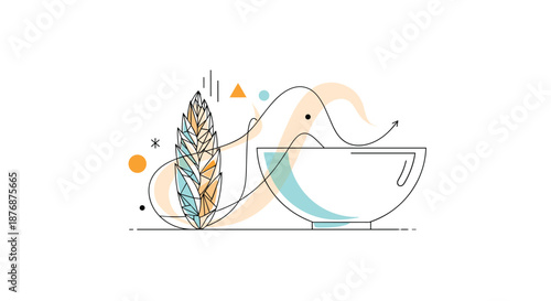 Abstract graphic design featuring a stylized ear of wheat and a bowl with flowing lines and geometric shapes in soft colors.