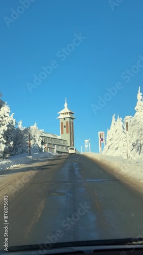 Wintery road on the summit of the Fichtelberg in the Ore Mountains, Saxony 4k
