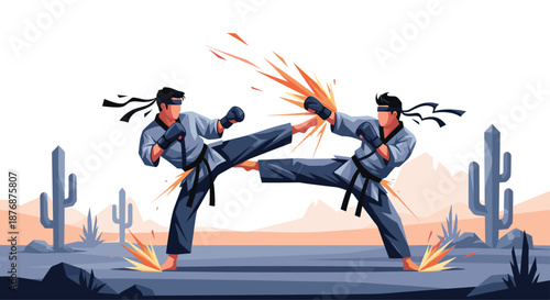 Action scene of two martial artists in traditional uniforms fighting in a desert landscape with cacti and mountains.