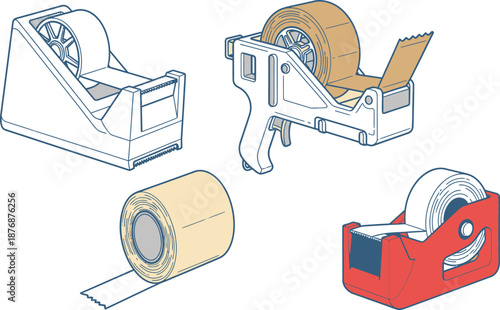 Line art vector set of 4 tape dispenser types desktop dispenser packing tape gun masking tape roll and double sided tape