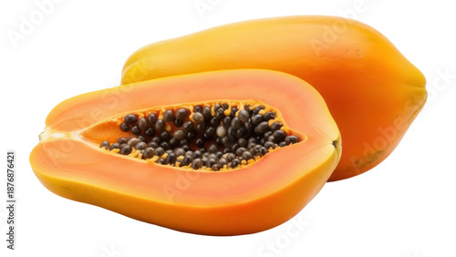 Foto Ripe papaya fruit isolated PNG, one cut in half showing seeds, tropical fruit wi