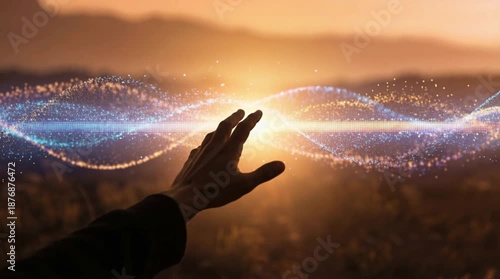 A cinematic wide shot of a human hand reaching through glowing golden particles in a sunlit field, warm golden hour light, soft blurred horizon, magical atmosphere of hope and wonder