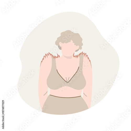 A woman with raised, tense shoulders. Tension in the body. Stress. The concept of the body under stress. Somatic tension. Vector illustration.