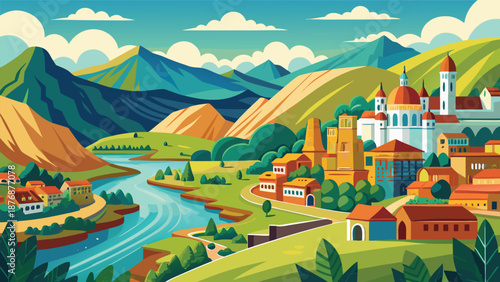 Playful illustration of a castle by a river