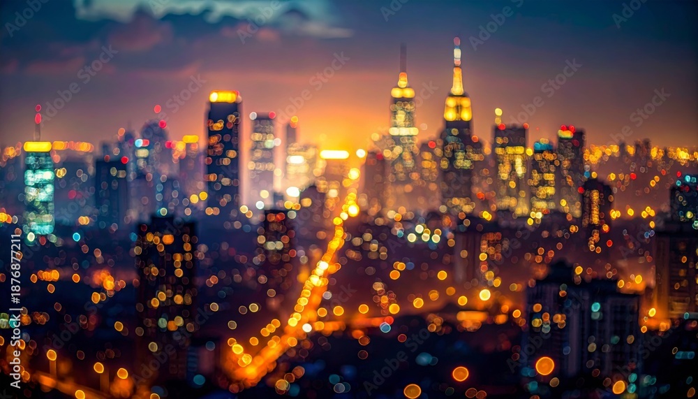 Obraz premium Abstract Cityscape Silhouette With Bokeh Lights During Blue Hour