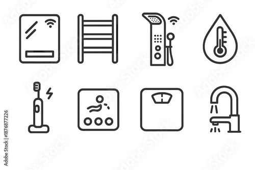 Smart home linear icon set. featuring thermostat, scale, toothbrush, faucet, shower, and towel rail