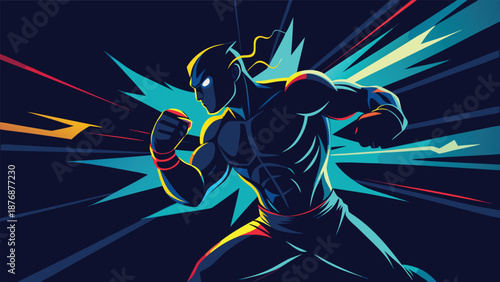 Powerful futuristic hero striking with energy bursts and neon light effects against a starry sky