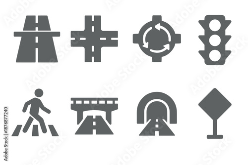 Traffic and road silhouette icon set. featuring highway, intersection, roundabout, traffic light, pedestrian, bridge, tunnel, sign