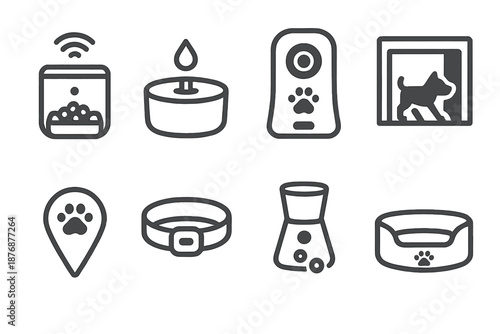 Pet care silhouette icon set. featuring feeder, fountain, camera, photo, locator, collar, dispenser, and bed symbols