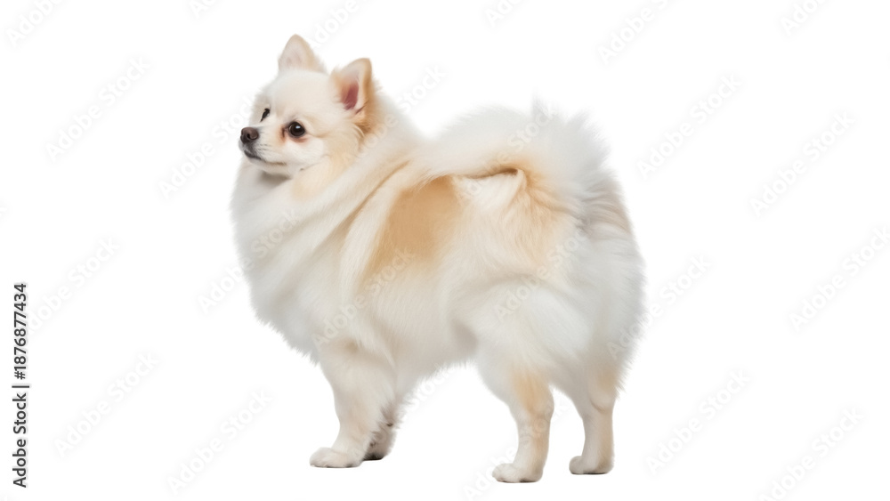 Fototapeta premium Cute fluffy Pomeranian dog PNG isolated, small breed companion animal on transparent background, adorable pet with cream and white fur