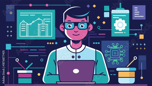 A man in glasses is engaged in work on his laptop