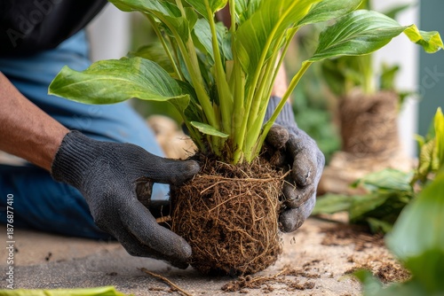 Gloved hands carefully removing a green houseplant with a large root ball from its pot for transplanting