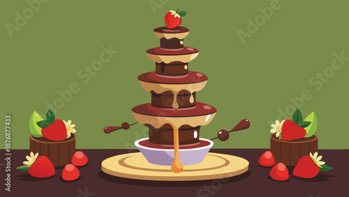 A chocolate fountain surrounded by fresh strawberries