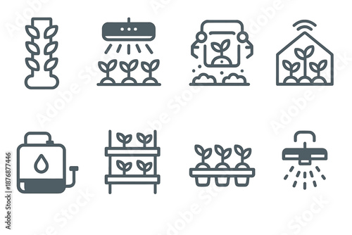Hydroponics silhouette icon set. featuring nutrients, irrigation, seedlings, greenhouse, and grow light symbols