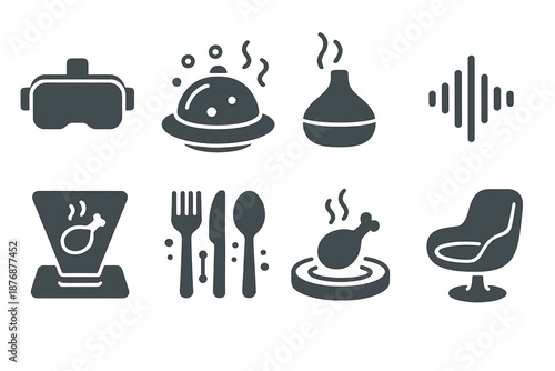 Home and dining silhouette icon set. featuring vr goggles, cloche, aroma diffuser, sound wave, kitchen scale, cutlery, food plate, chair