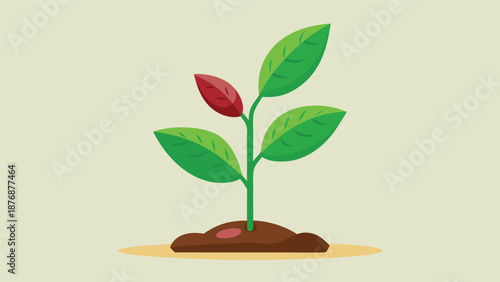 A whimsical cartoon plant with bright red leaves and a green stem