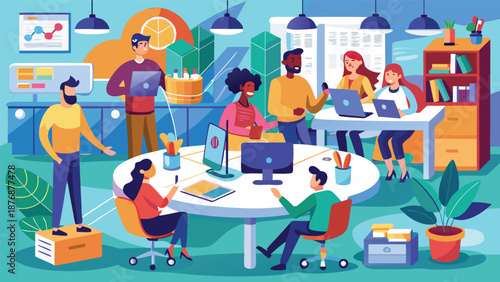 A diverse group of professionals collaborating in a modern office environment