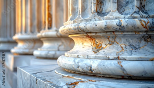 Closeup of Marble Columns Base Under Golden Sunlight with Warm Illumination