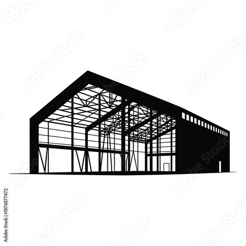 black silhouette of a large industrial building with metal frame