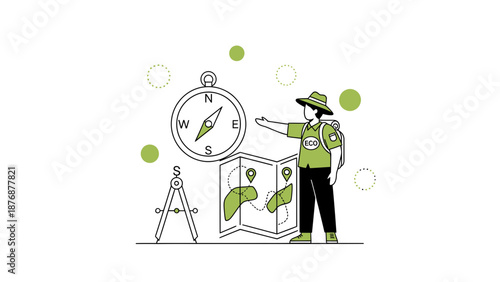 Ecological Navigation Park Ranger Explains Directions On A Map Illustration