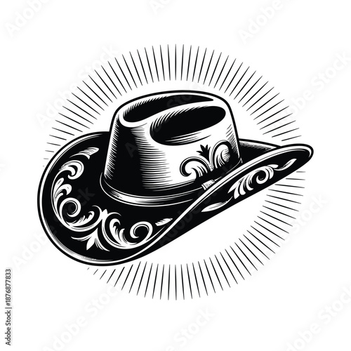 Vintage cowboy hat illustration with radiating lines and floral details