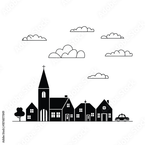Simple village illustration with a church houses and cloudy sky
