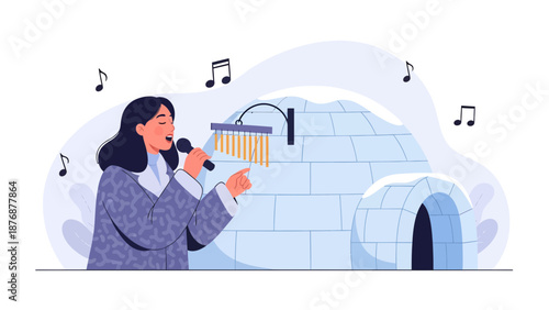 Enchanting Performance A Woman Serenading In An Igloo With Musical Sounds