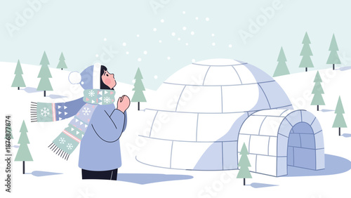 Enchanting Winter: A Young Woman Gaze at Snowflakes Near A Cozy Igloo