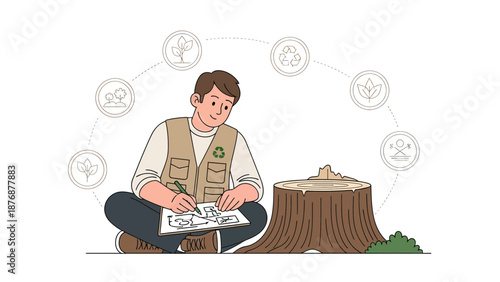Ecology Planner Designs Reforestation Project Sitting by a Tree Stump