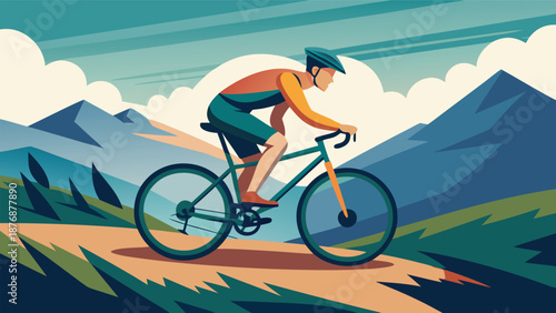 A cyclist navigating a mountain path, with towering peaks and vibrant nature surrounding him
