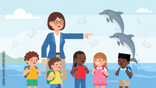 Educational School Trip To See Dolphins With Cheerful Teacher And Pupils