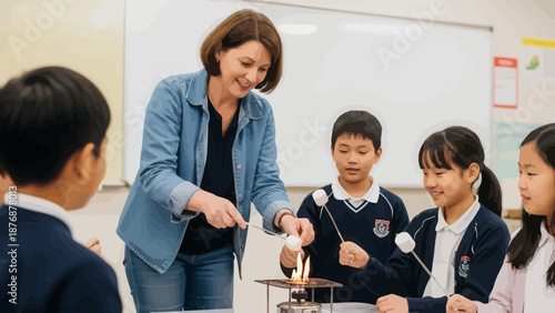 Engaged Students Conduct Marshmallow Experiment With Their Teacher in Classroom