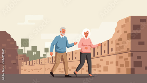 Elderly Couple Enjoying A Scenic Walk Through Historical City Landscape Together