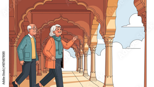 Elderly Couple Enjoying Architectural Beauty During Exotic Vacation Getaway