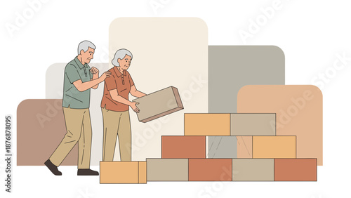Elderly Couple Building Together Retirement Investment Property Concept Illustration