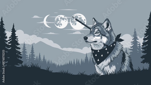 Enigmatic Wolf Shaman In Forest Holding Pencil In Moon Phases Silhouette