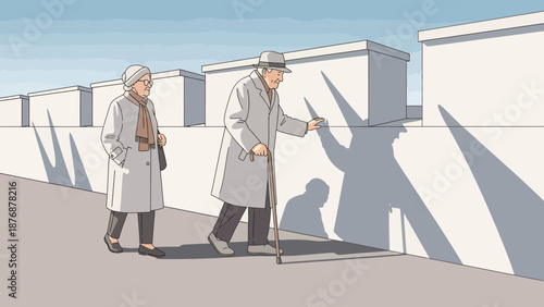 Elderly Couple Strolling Along A Sunny Street With Unique Architectural Shadows