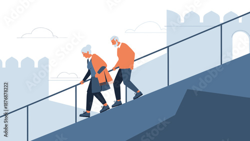 Elderly Couple's Journey Conquering Architectural Heights Together Through Unity