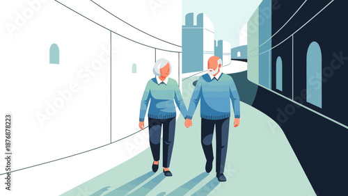 Elderly Couple Strolling Hand In Hand Down A Scenic European Street Artwork