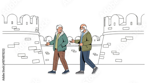 Elderly Friends Exploring Ancient City Walls Together On Sunny Day Illustration