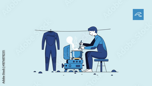 Enjoying Camp Cuisine After Water Sports Adventure Simple Illustration