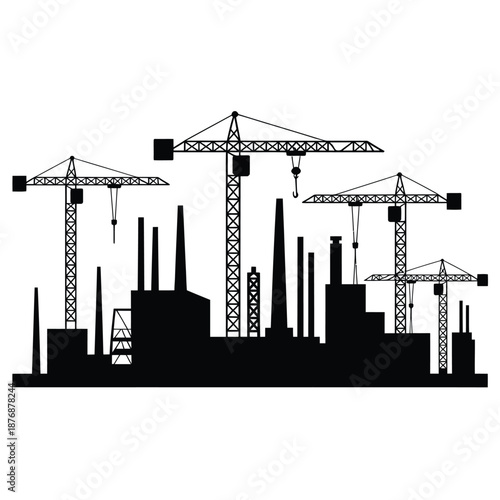Industrial skyline featuring multiple construction cranes and factory buildings