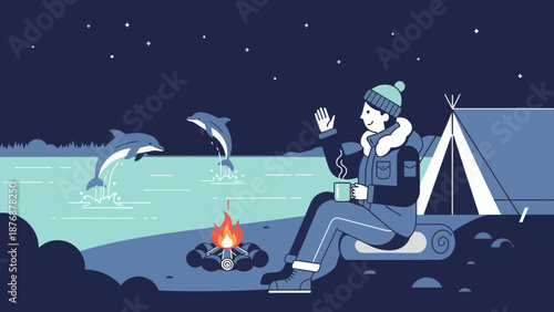 Enjoying Camping By The Lake With Jumping Dolphins Under Starry Sky At Night