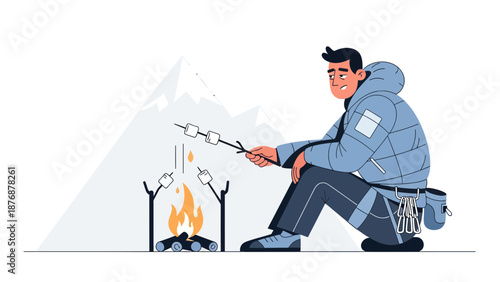 Enjoying Camping Roasting Marshmallows Near Snowy Mountain With Warm Campfire
