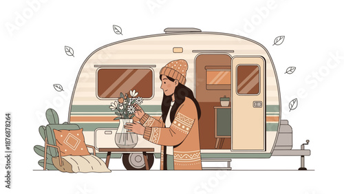Enjoying Camping Trip In The Nature With Flowers Near Travel Trailer