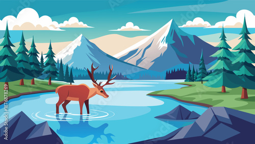 A deer wades in a tranquil lake, framed by majestic mountains and dense trees